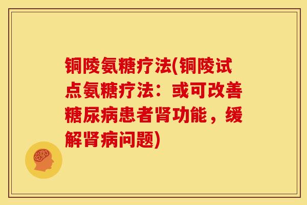 铜陵氨糖疗法(铜陵试点氨糖疗法：或可改善糖尿病患者肾功能，缓解肾病问题)